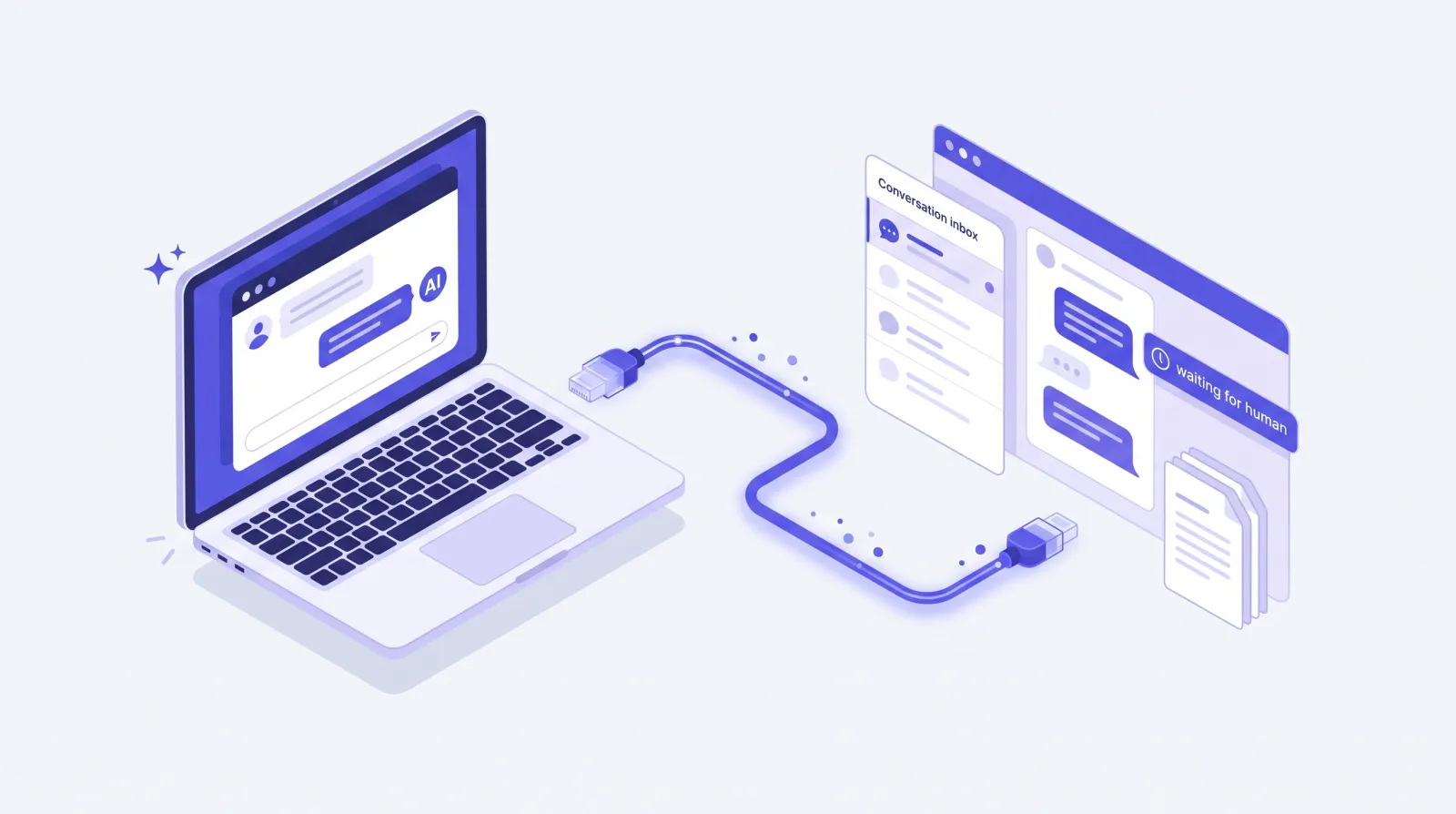 An AI assistant on a laptop connected by a cable to a SupportHQ conversation inbox and knowledge base