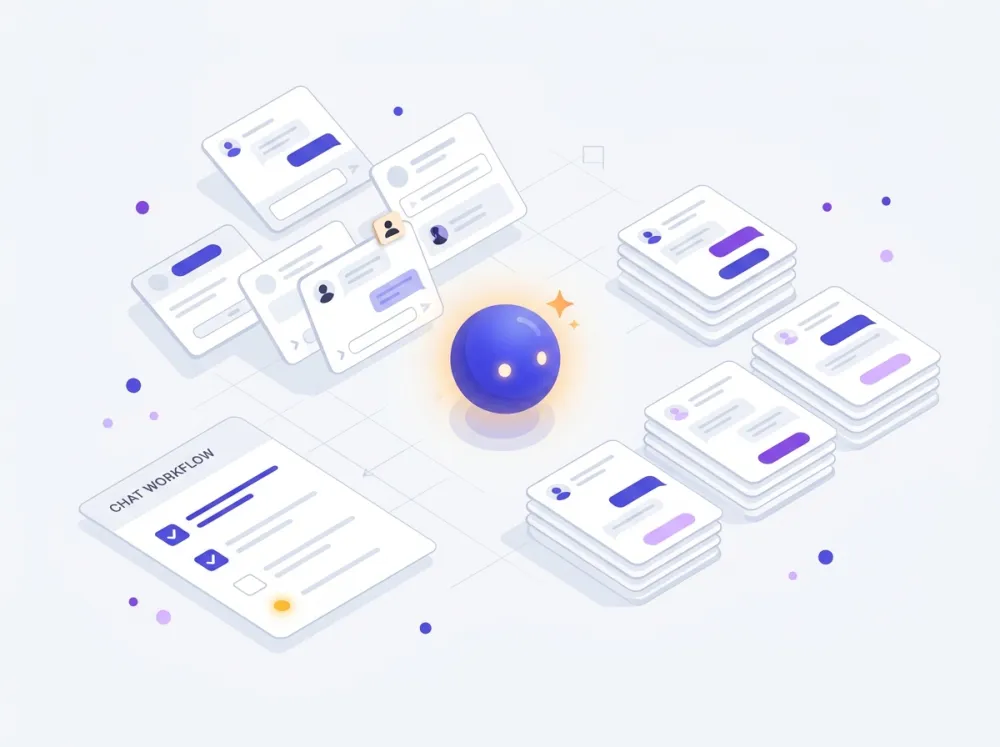 An AI assistant sorting chat conversations into labeled stacks, with one marked as needing a person